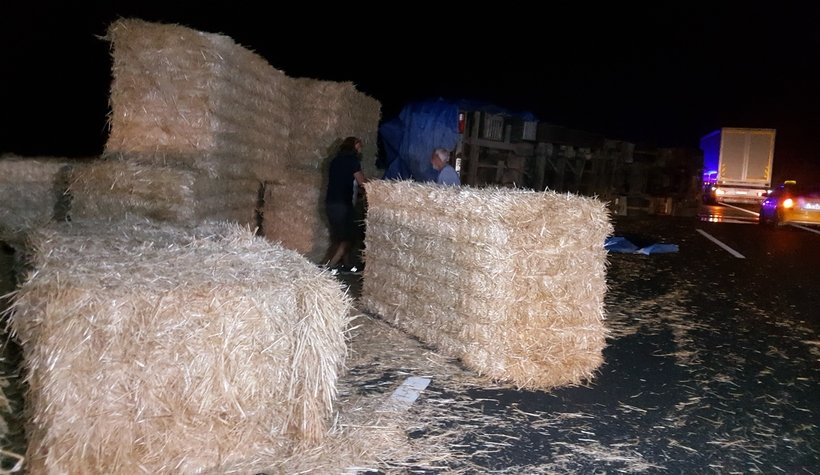 TIR devrildi, samanlar otoyola saçıldı