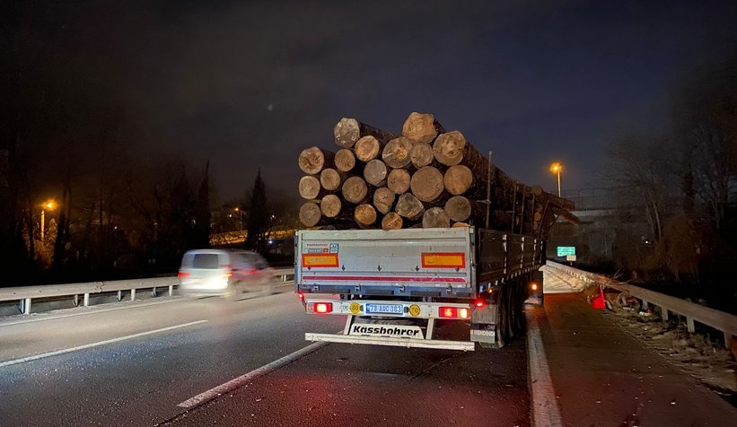 Tomruk yüklü tır otobüsü biçti
