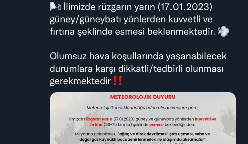 Valilik kuvvetli fırtına için uyardı