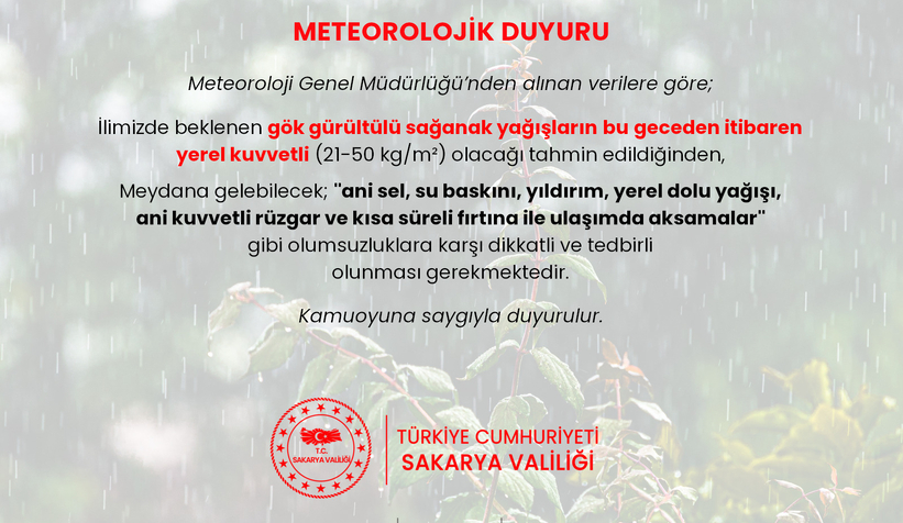 Valilikten kuvvetli yağış uyarısı