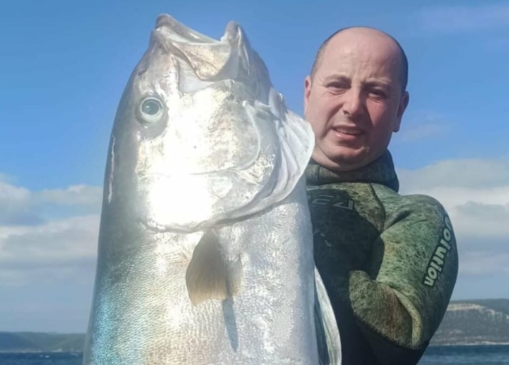 Zıpkınla 50 kiloluk akya balığı avladı