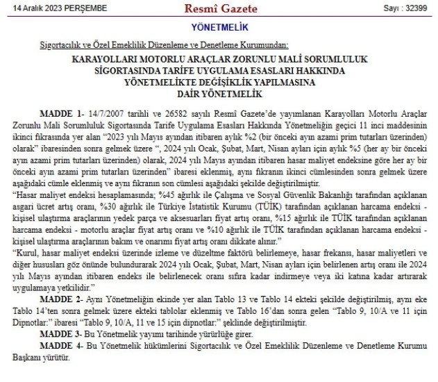 Zorunlu trafik sigortasında azami prim artış oranı yükseldi