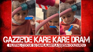 Gazze'de Filistinli çocuk, su damlalarıyla şişesini doldurdu
