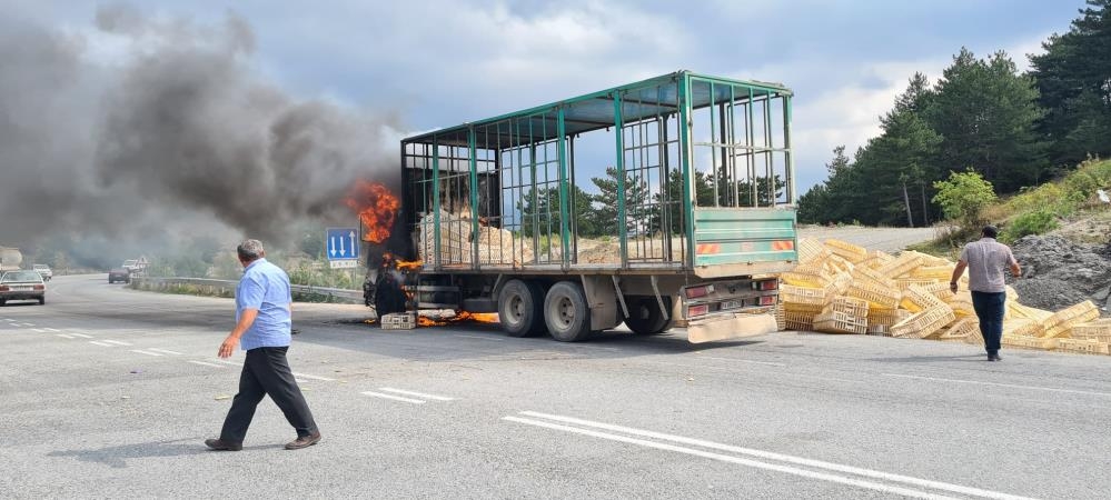 Kamyon alev alev yandı