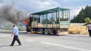 Kamyon alev alev yandı