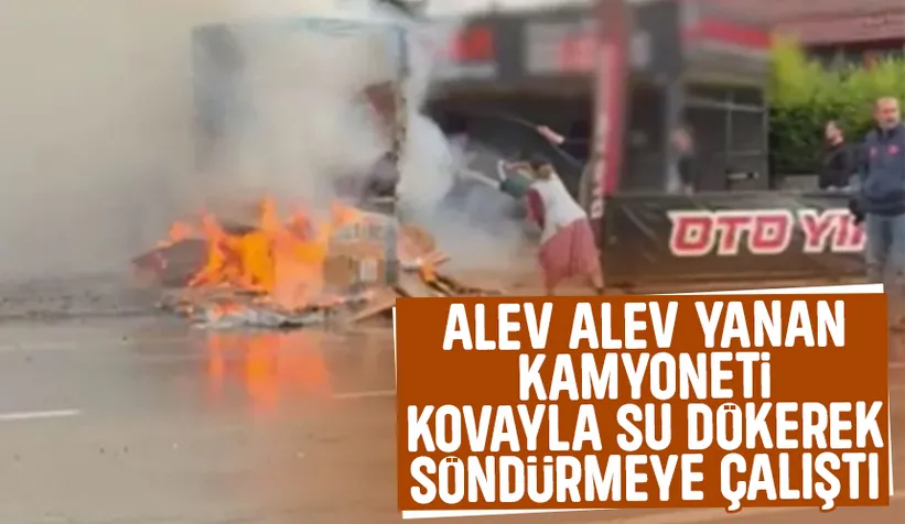 Kamyonet alev alev yandı