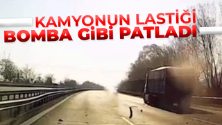 Kamyonun lastiği bomba gibi patladı