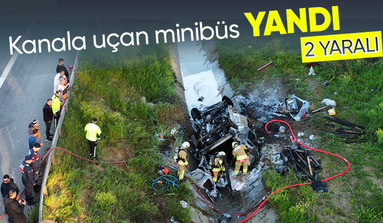 Kanala yuvarlanan minibüs yandı