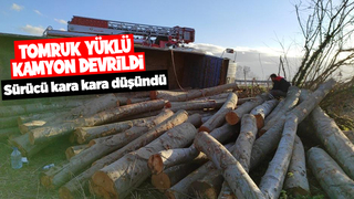 Karasu yolunda tomruk yüklü kamyon devrildi