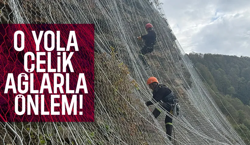 Kaya düşmesine karşı çelik ağlarla önlem alındı