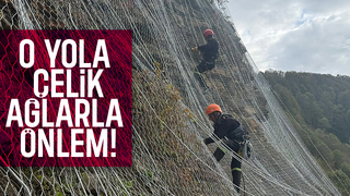 Kaya düşmesine karşı çelik ağlarla önlem alındı
