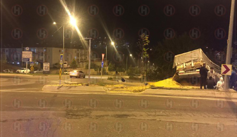 Mısır yüklü kamyon bahçeye daldı