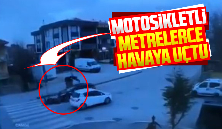 Motosikletli metrelerce havaya uçtu