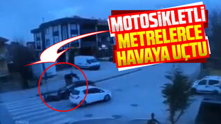 Motosikletli metrelerce havaya uçtu