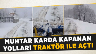 Muhtar, mahalle içindeki karlı yolları traktörüyle açtı