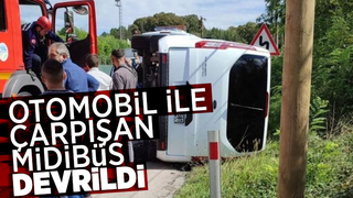 Otomobil ile çarpışan midibüs devrildi