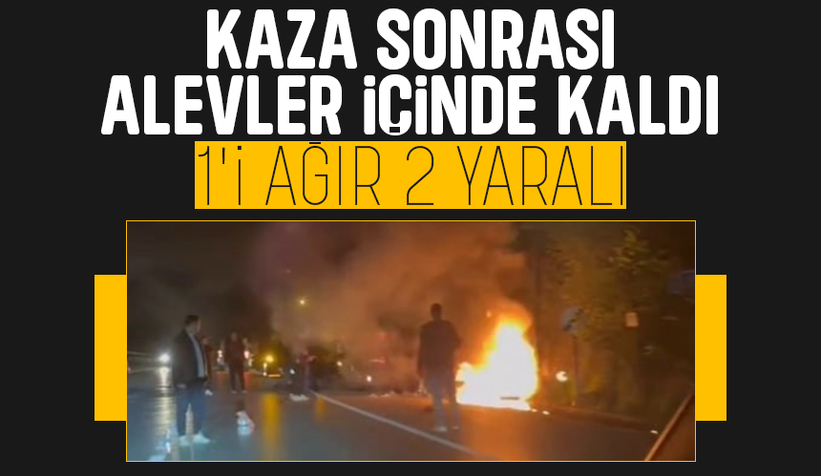 Otomobil ile çarpışan motosiklet alevler içinde kaldı