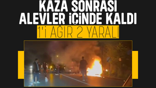 Otomobil ile çarpışan motosiklet alevler içinde kaldı