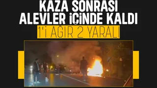 Otomobil ile çarpışan motosiklet alevler içinde kaldı