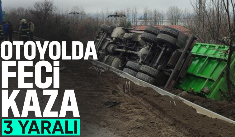 Otomobile çarpan kamyon şarampole devrildi; 3 yaralı