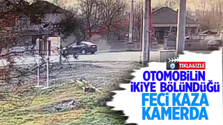 Otomobilin ikiye bölündüğü kaza kamerada