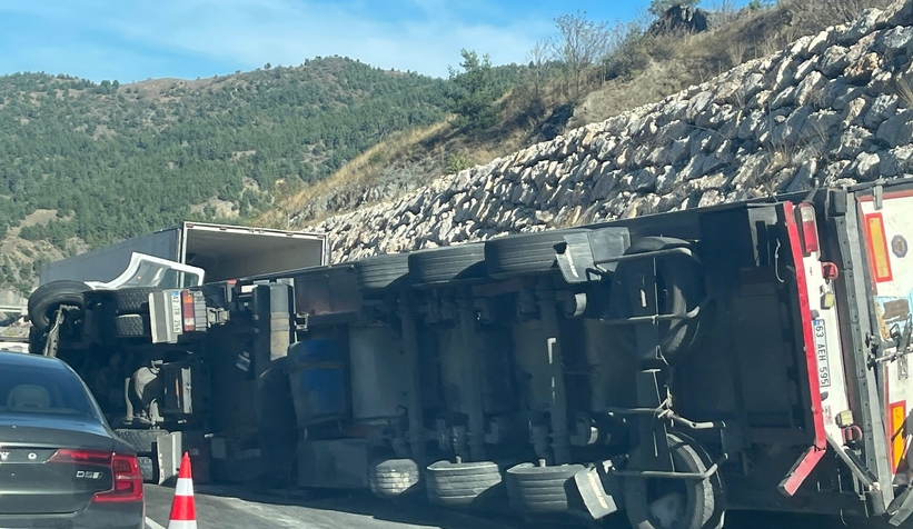 Paket tavuk yüklü tır devrildi, sürücüsü yaralandı