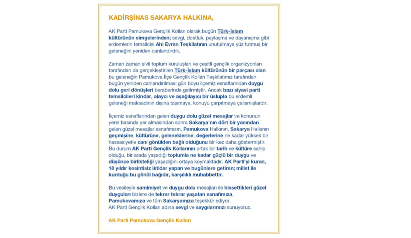Pamukova Ak Parti Gençlik Kolları'ndan açıklama