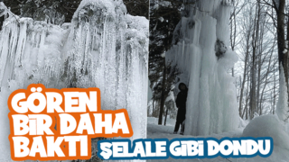 Patlayan çeşme donmuş şelale oluşturdu