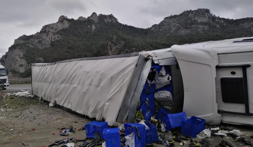 Sakarya-Bilecik sınırında sebze yüklü tır devrildi
