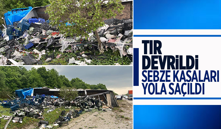 Sebze yüklü tır devrildi