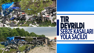 Sebze yüklü tır devrildi