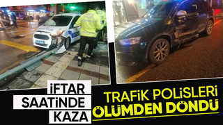 Şerit değiştirirken trafik ekibinin aracına çarptı