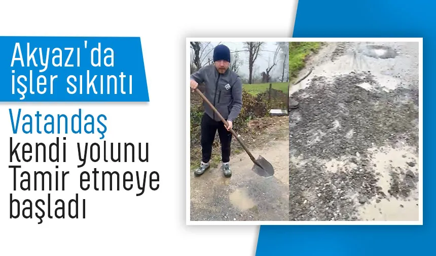 Taşağıl'da bayram günü vatandaş yoldaki çukurları kapatıyor