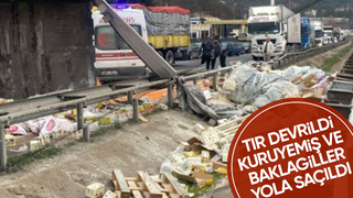 Tır devrildi, kuruyemişler yola saçıldı