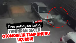 Tırın patlayan lastiği otomobilin tamponunu uçurdu