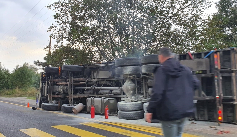 Tomruk yüklü kamyon devrildi: 1 yaralı