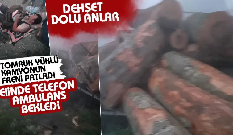 Tomruk yüklü kamyonun freni patladı, faciadan dönüldü