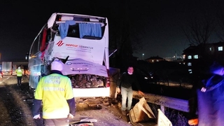 Tomruk yüklü tır otobüsü biçti