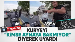 Trafik polisi ile moto kurye arasındaki ilginç diyalog kamerada