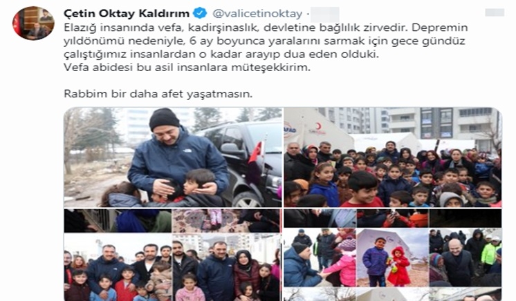 Vali Kaldırım'dan Elazığ depremi paylaşımı