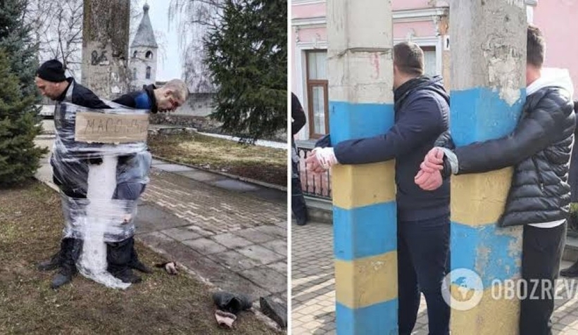 Yağmacıları bombalanan meydanlarındaki direklere bağladılar