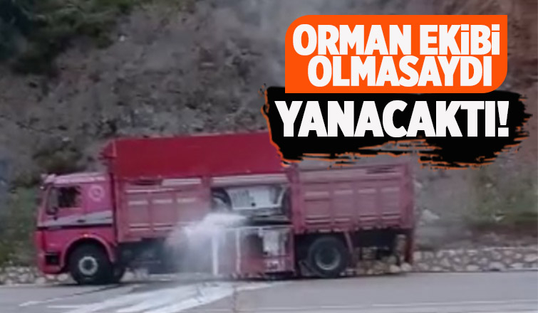 Yanan iş makinesine orman işletme ekibi müdahale etti