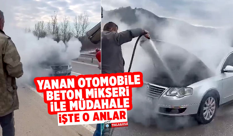Yanan otomobile beton mikseri ile müdahale