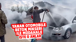 Yanan otomobile beton mikseri ile müdahale