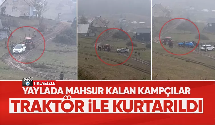 Yaylada çamurda kalan araçlar traktörle çekildi