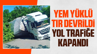Yem yüklü tır devrildi