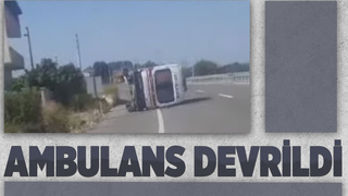 Yola çıkan köpek ambulansın devrilmesine neden oldu