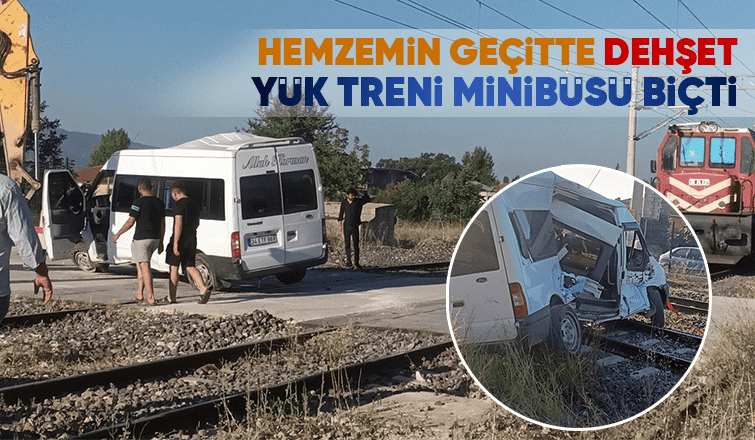  Yük treni minibüsü metrelerce sürükledi